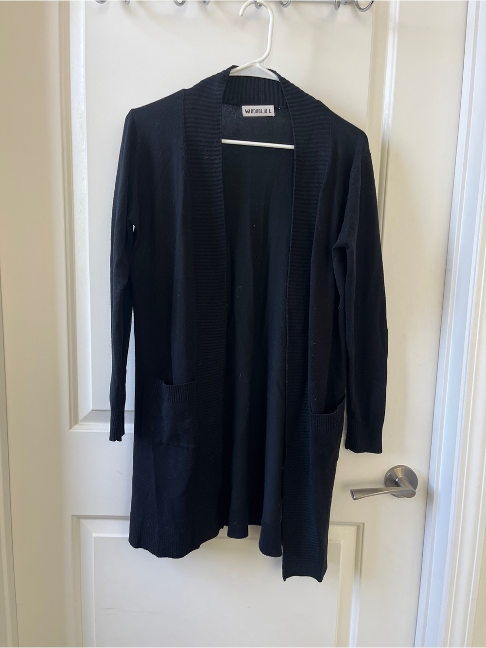 Doublju Black Open-Front Long Cardigan with Pockets
